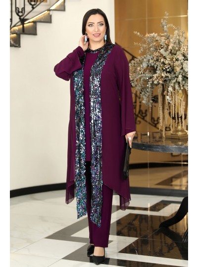 Rengin 3'lü Büyük Beden Tesettür Abiye Takım - Mürdüm